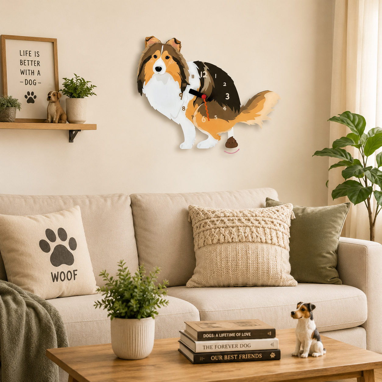 Shetland Sheepdog Wall Clock with Swinging Poop Pendulum styled as funny dog wall decor