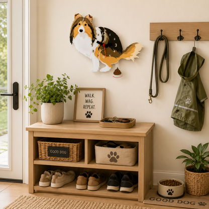Sheltie dog lover gift wall clock with swinging poop pendulum home decor