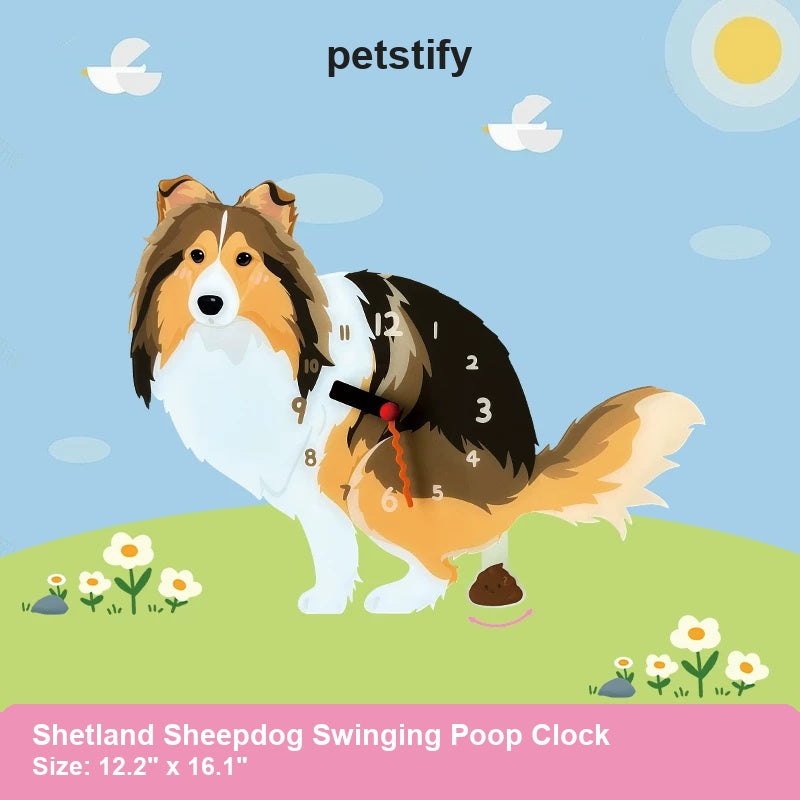 Shetland Sheepdog Wall Clock with Swinging Poop Pendulum detail showing clock hands and swinging poop pendulum
