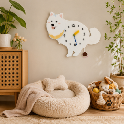 Shih Tzu wall clock with swinging poop pendulum in a cozy room scene