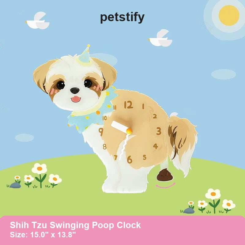 Shih Tzu Wall Clock with Swinging Poop Pendulum detail showing clock hands and swinging poop pendulum