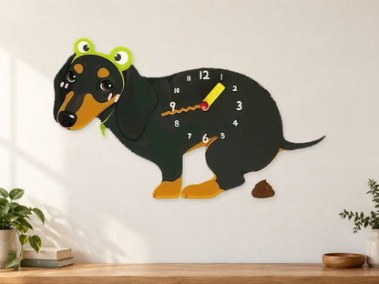 Black and Tan Dachshund Wall Clock with Swinging Poop Pendulum in a supplementary room styling scene