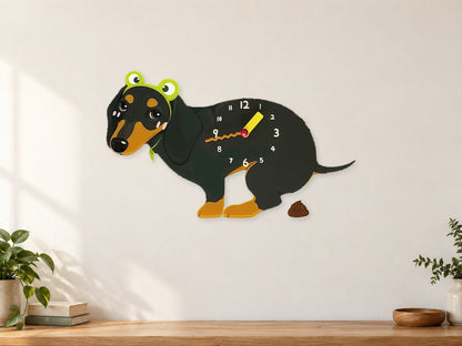 Black and Tan Dachshund Wall Clock with Swinging Poop Pendulum in a supplementary room styling scene
