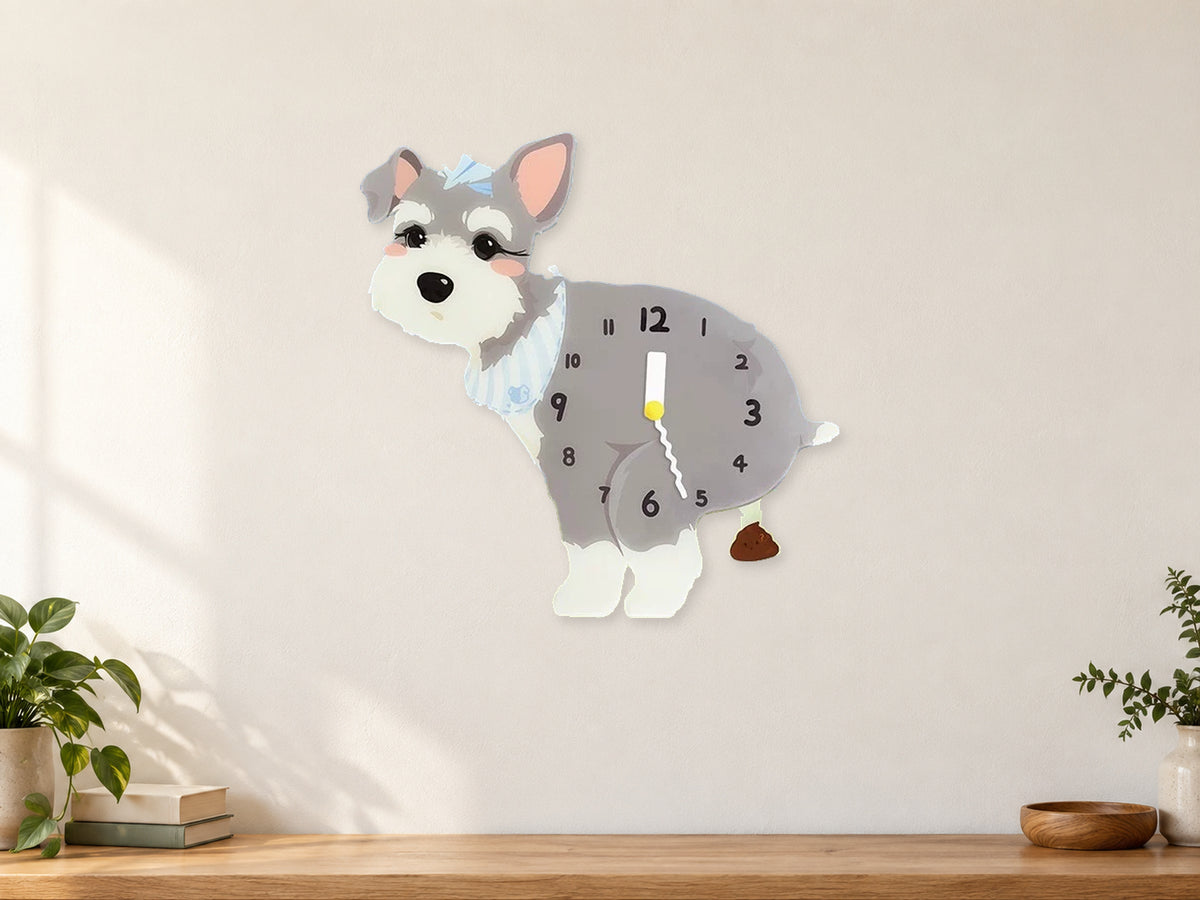 Light Schnauzer Wall Clock with Swinging Poop Pendulum in a supplementary room styling scene