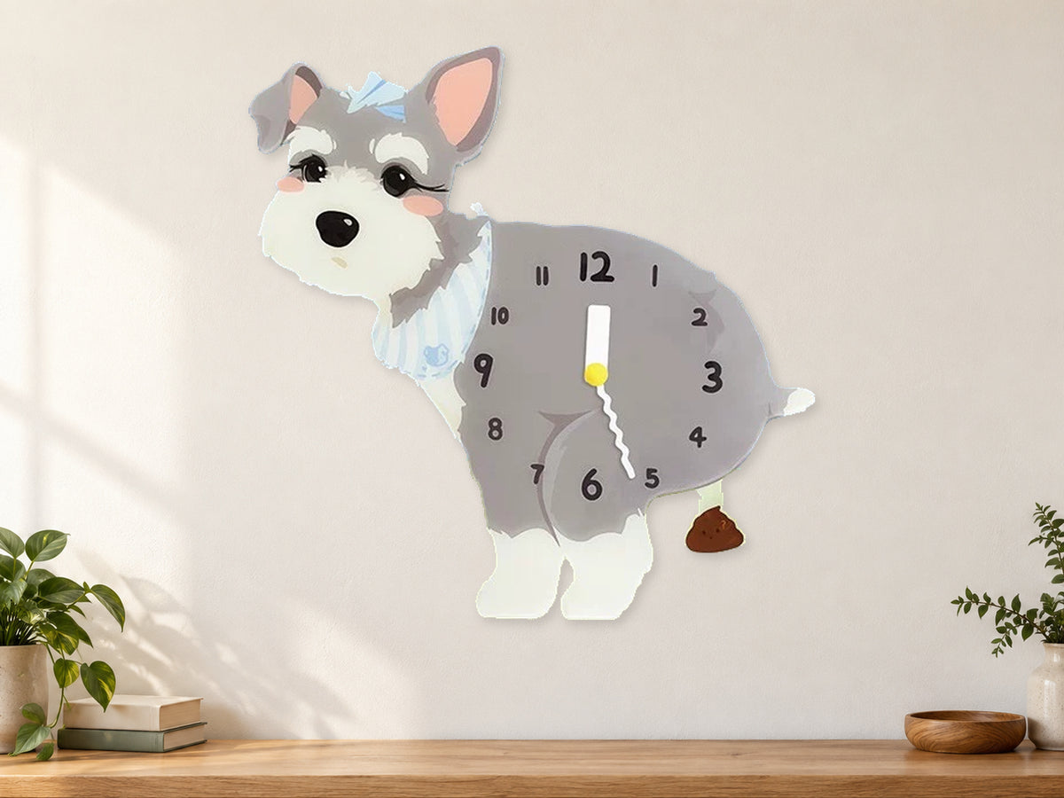 Light Schnauzer Wall Clock with Swinging Poop Pendulum in a supplementary room styling scene
