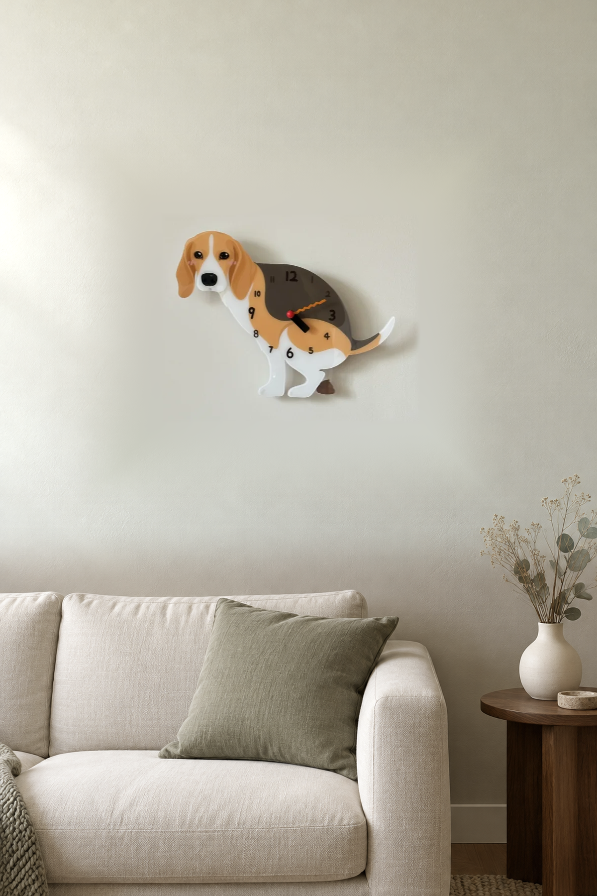 Beagle Wall Clock with Swinging Poop Pendulum in a supplementary room styling scene