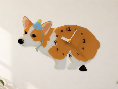 Bicolor Corgi Wall Clock with Swinging Poop Pendulum in a supplementary room styling scene