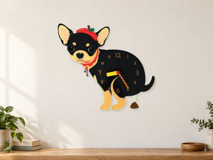 Black and Tan Chihuahua Wall Clock with Swinging Poop Pendulum in a supplementary room styling scene