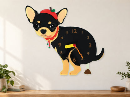 Black and Tan Chihuahua Wall Clock with Swinging Poop Pendulum in a supplementary room styling scene