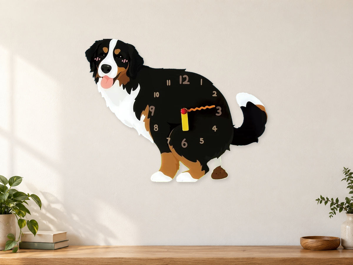 Bernese Mountain Dog Wall Clock with Swinging Poop Pendulum in a supplementary room styling scene
