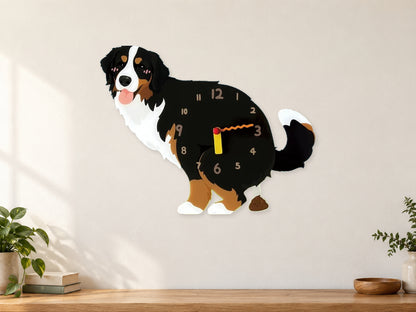 Bernese Mountain Dog Wall Clock with Swinging Poop Pendulum in a supplementary room styling scene