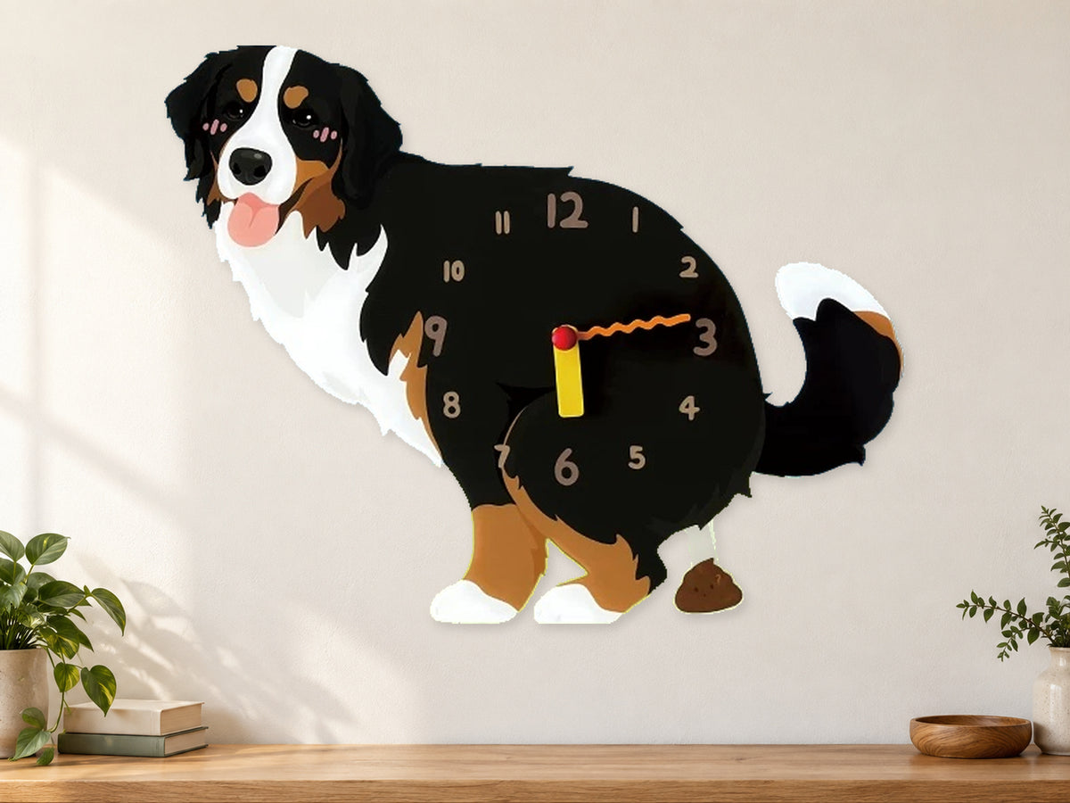 Bernese Mountain Dog Wall Clock with Swinging Poop Pendulum in a supplementary room styling scene
