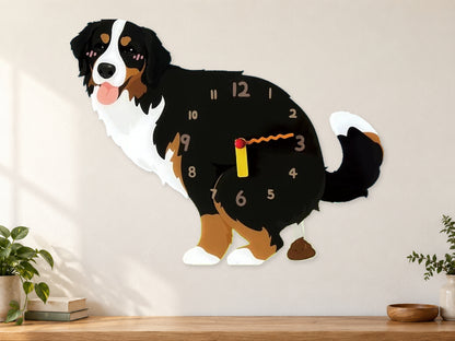 Bernese Mountain Dog Wall Clock with Swinging Poop Pendulum in a supplementary room styling scene
