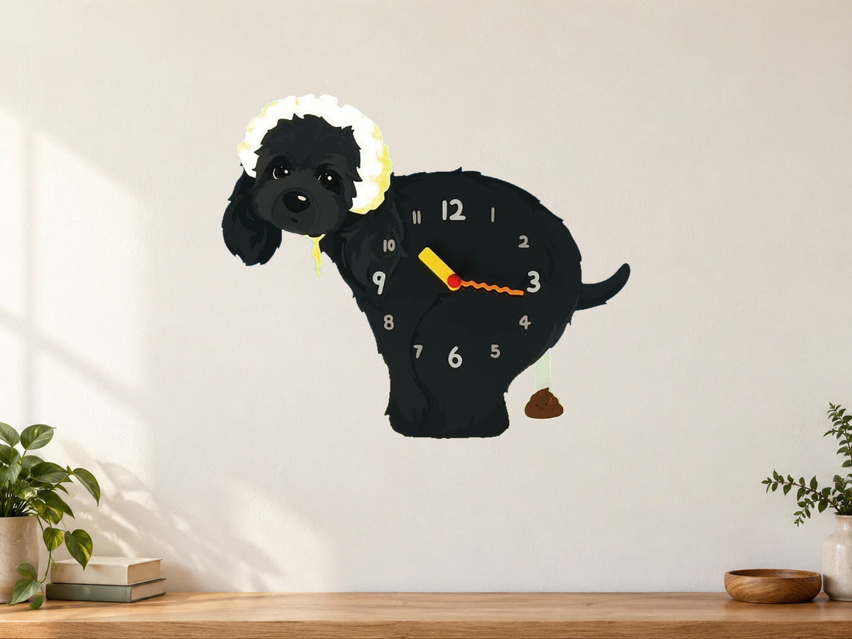 Black American Cocker Spaniel Wall Clock with Swinging Poop Pendulum in a supplementary room styling scene