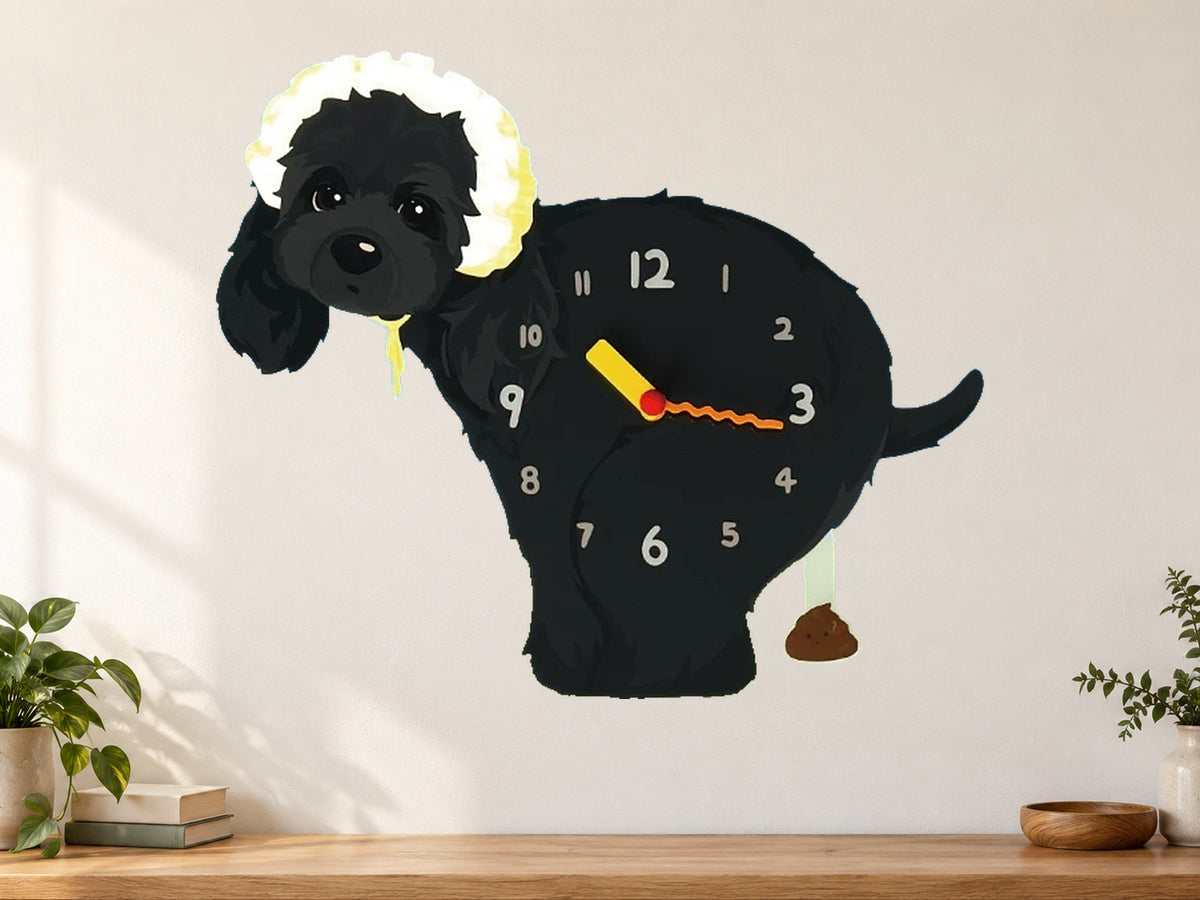 Black American Cocker Spaniel Wall Clock with Swinging Poop Pendulum in a supplementary room styling scene