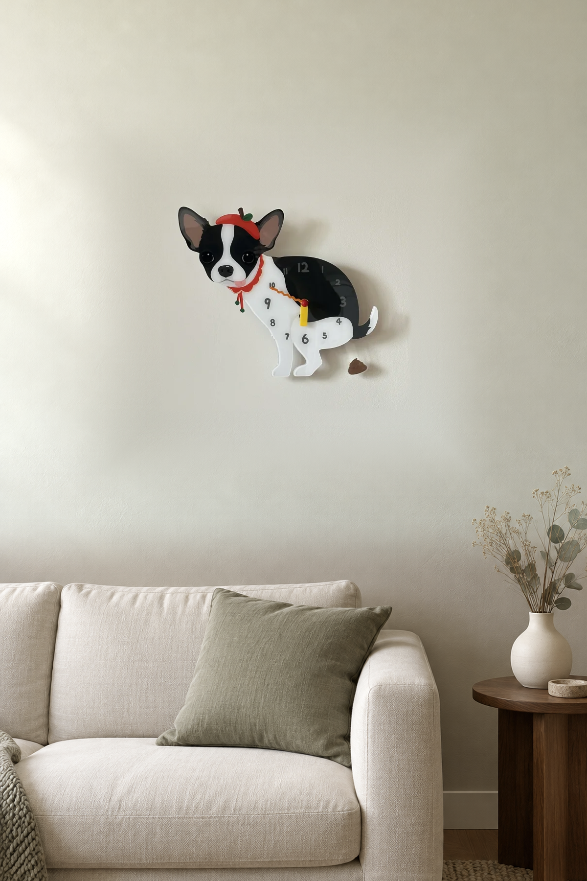 Black and White Chihuahua Wall Clock with Swinging Poop Pendulum in a supplementary room styling scene