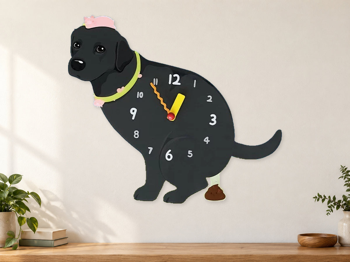 Black Labrador Retriever Wall Clock with Swinging Poop Pendulum in a supplementary room styling scene