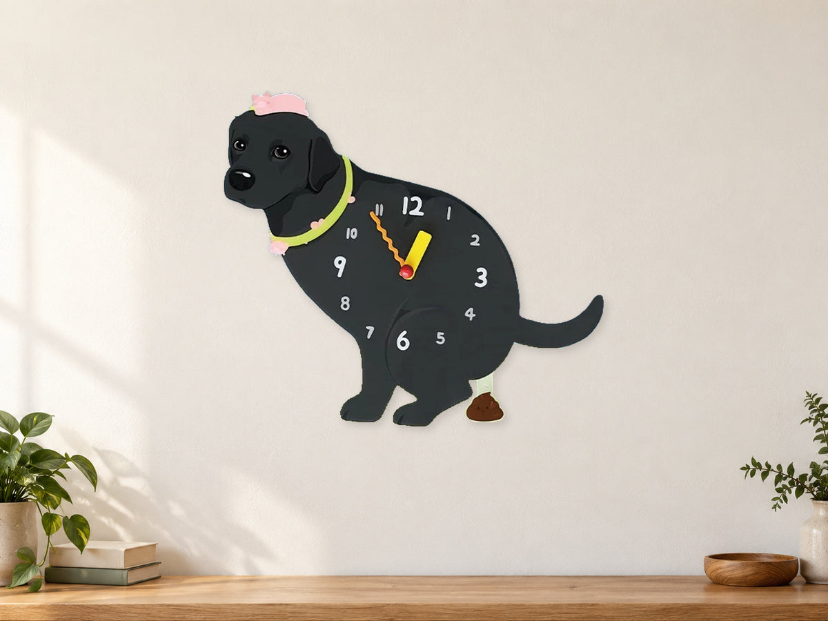 Black Labrador Retriever Wall Clock with Swinging Poop Pendulum in a supplementary room styling scene