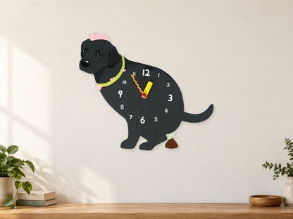 Black Labrador Retriever Wall Clock with Swinging Poop Pendulum in a supplementary room styling scene
