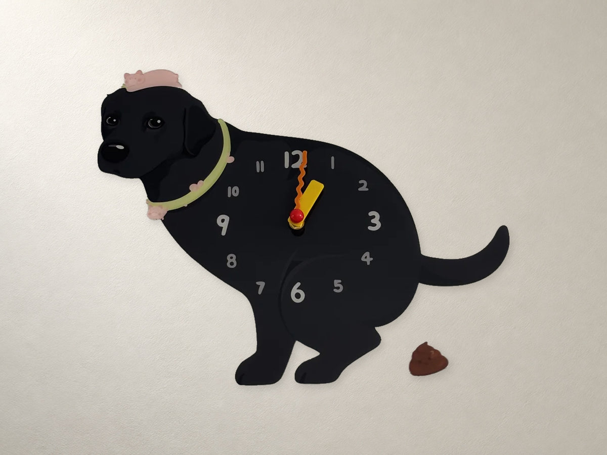 Black Labrador Retriever Wall Clock with Swinging Poop Pendulum in a supplementary room styling scene