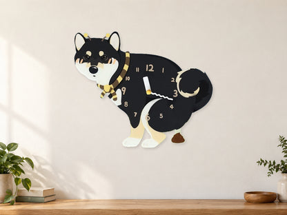 Black Shiba Inu Wall Clock with Swinging Poop Pendulum in a supplementary room styling scene