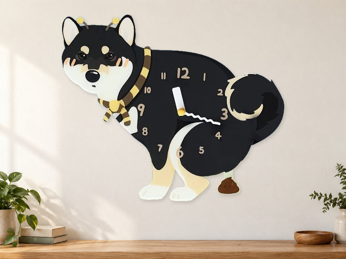 Black Shiba Inu Wall Clock with Swinging Poop Pendulum in a supplementary room styling scene