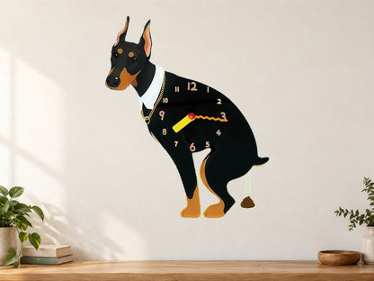 Black Doberman Wall Clock with Swinging Poop Pendulum in a supplementary room styling scene