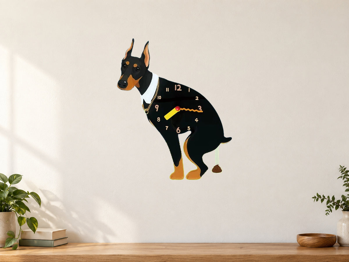 Black Doberman Wall Clock with Swinging Poop Pendulum in a supplementary room styling scene