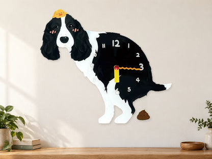 Black Springer Spaniel Wall Clock with Swinging Poop Pendulum in a supplementary room styling scene