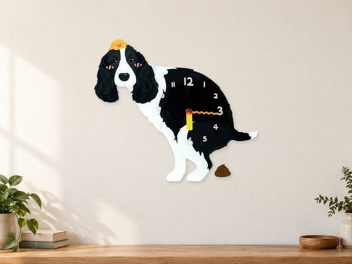 Black Springer Spaniel Wall Clock with Swinging Poop Pendulum in a supplementary room styling scene