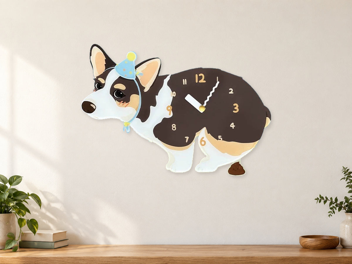 Black-Faced Tricolor Corgi Wall Clock with Swinging Poop Pendulum in a supplementary room styling scene