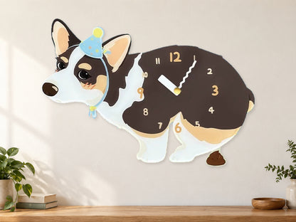 Black-Faced Tricolor Corgi Wall Clock with Swinging Poop Pendulum in a supplementary room styling scene