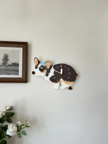 Black-Faced Tricolor Corgi Wall Clock with Swinging Poop Pendulum additional product detail