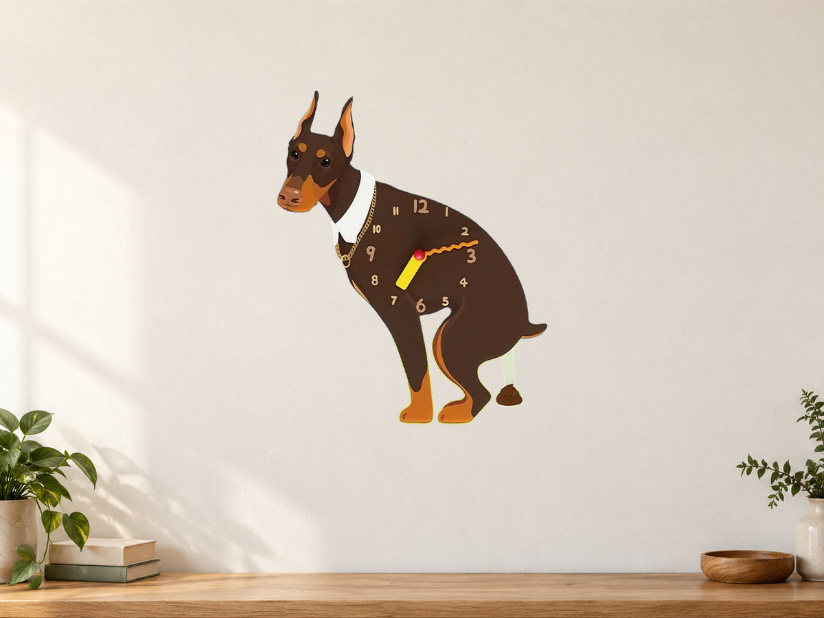 Brown Doberman Wall Clock with Swinging Poop Pendulum in a supplementary room styling scene