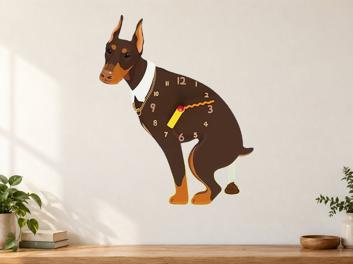 Brown Doberman Wall Clock with Swinging Poop Pendulum in a supplementary room styling scene