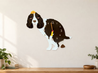 Brown Springer Spaniel Wall Clock with Swinging Poop Pendulum in a supplementary room styling scene