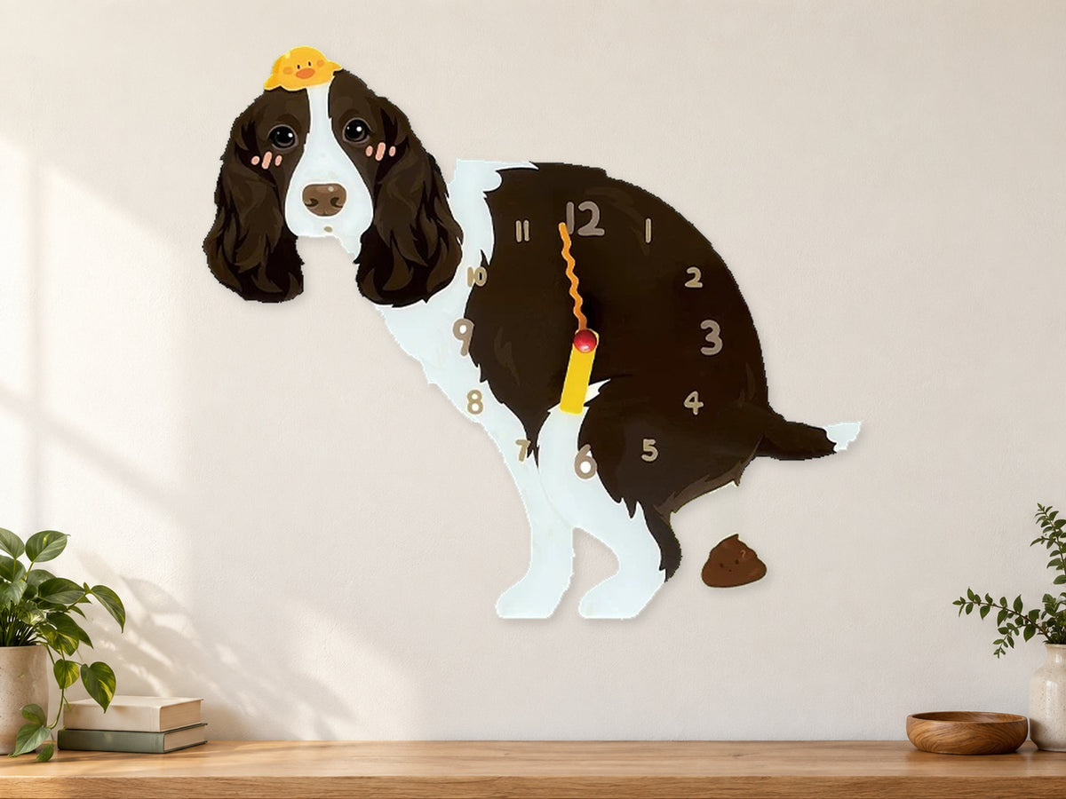 Brown Springer Spaniel Wall Clock with Swinging Poop Pendulum in a supplementary room styling scene