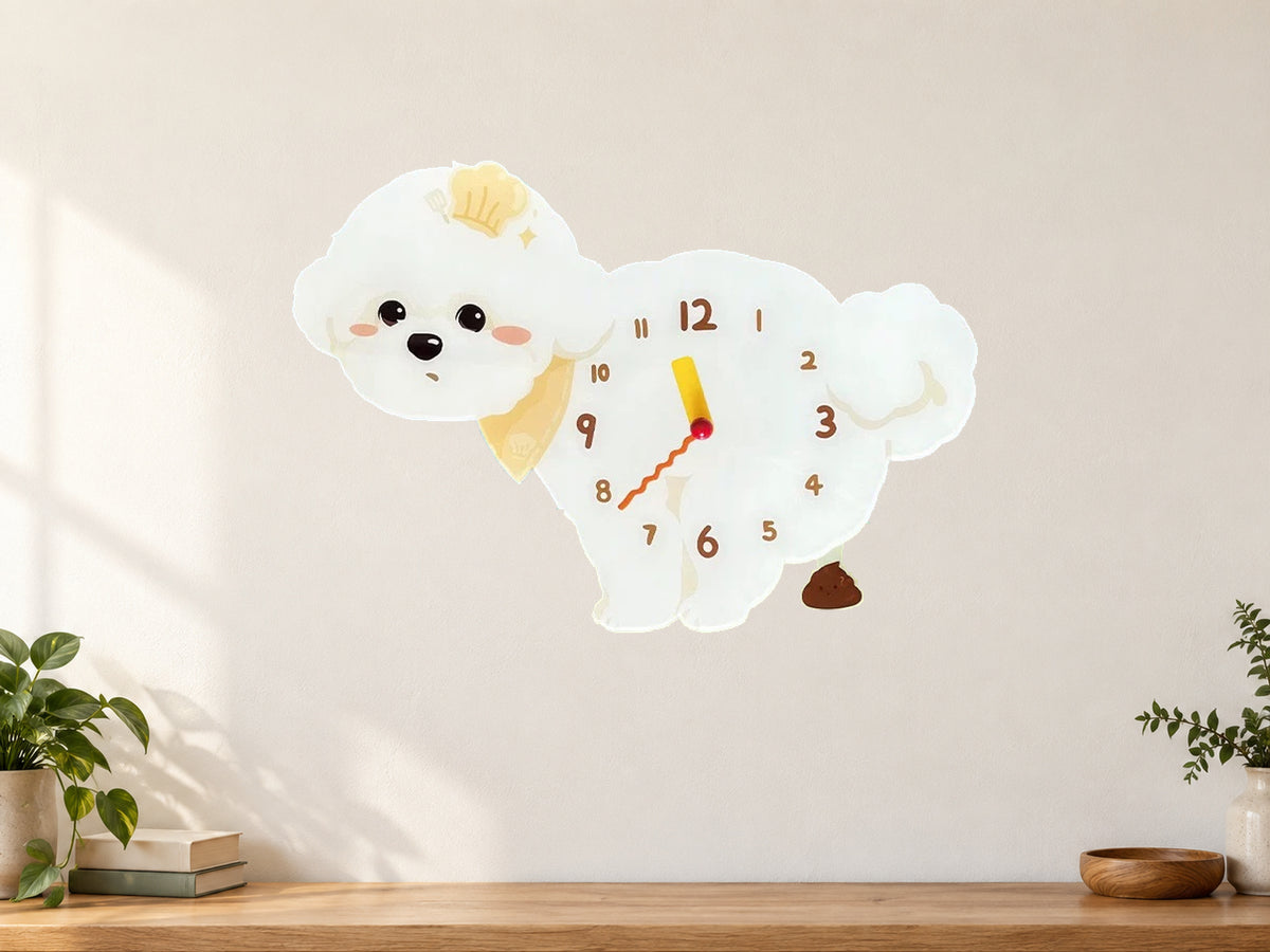 Chef Bichon Frise Wall Clock with Swinging Poop Pendulum in a supplementary room styling scene