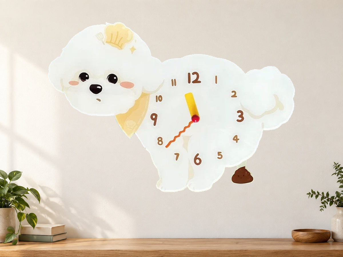 Chef Bichon Frise Wall Clock with Swinging Poop Pendulum in a supplementary room styling scene