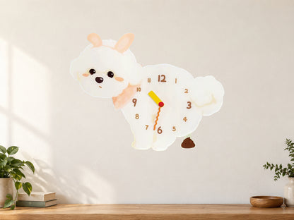 Bunny Bichon Frise Wall Clock with Swinging Poop Pendulum in a supplementary room styling scene