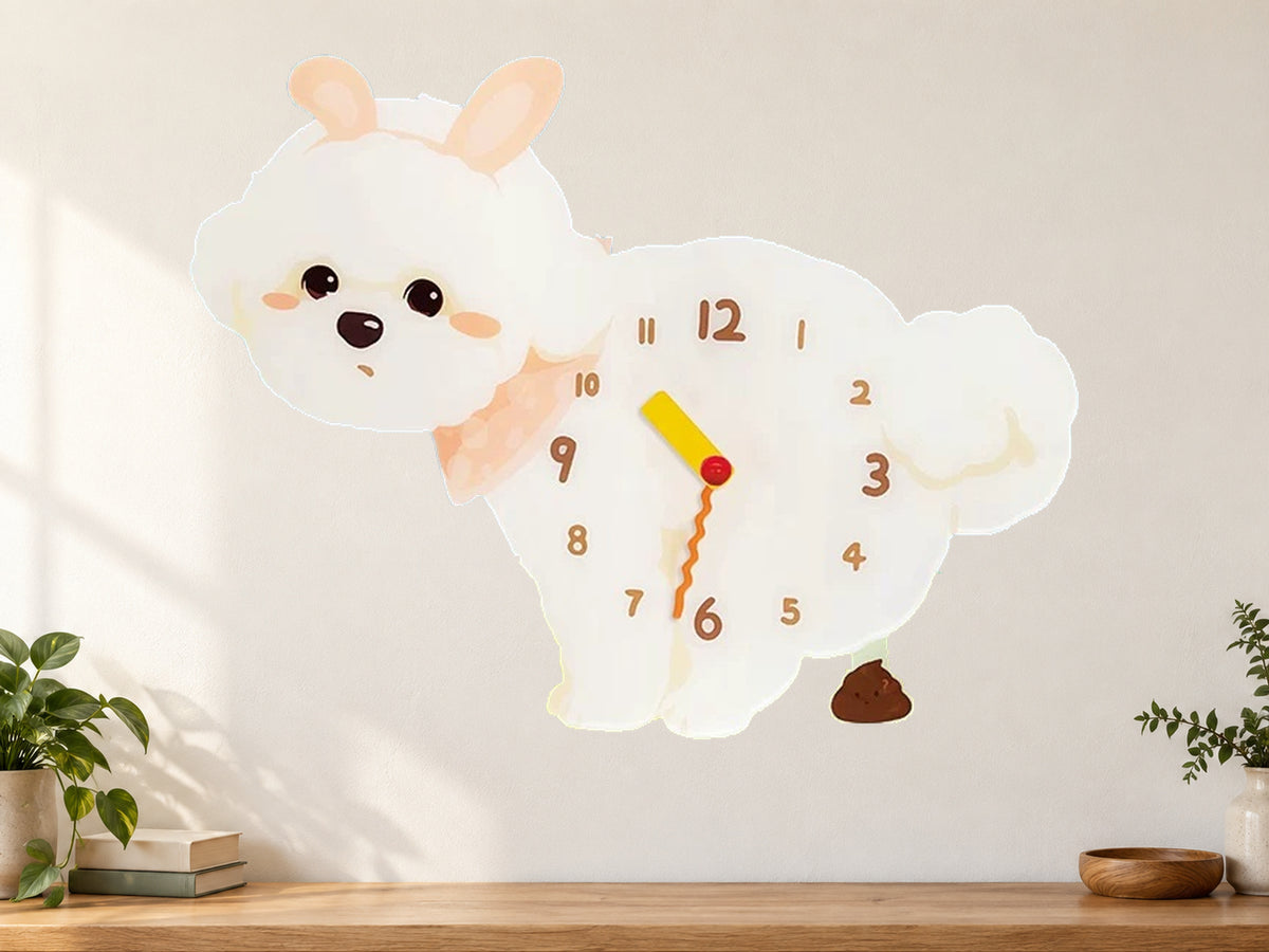 Bunny Bichon Frise Wall Clock with Swinging Poop Pendulum in a supplementary room styling scene