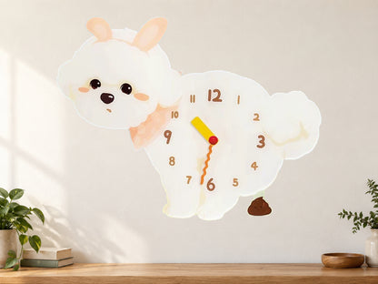 Bunny Bichon Frise Wall Clock with Swinging Poop Pendulum in a supplementary room styling scene