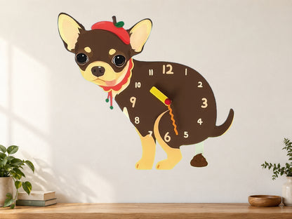 Chocolate Chihuahua Wall Clock with Swinging Poop Pendulum in a supplementary room styling scene