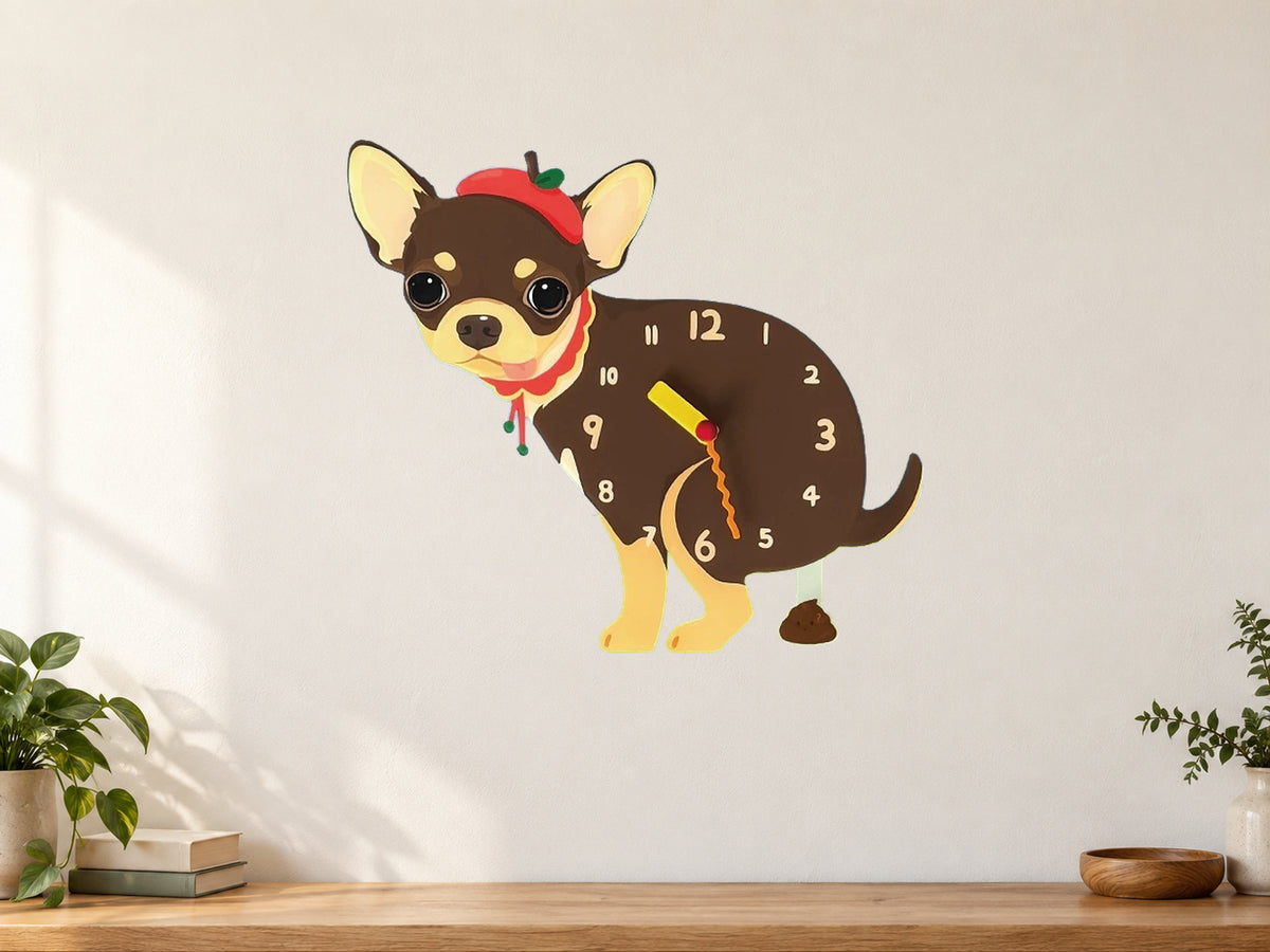 Chocolate Chihuahua Wall Clock with Swinging Poop Pendulum in a supplementary room styling scene