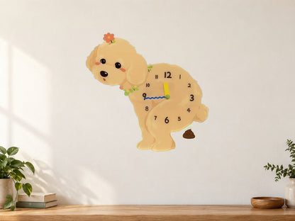 Champagne Teddy Poodle Wall Clock with Swinging Poop Pendulum in a supplementary room styling scene