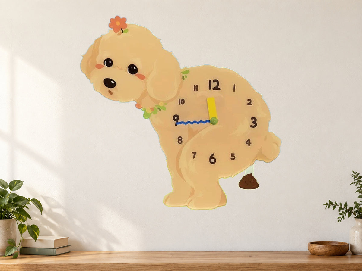 Champagne Teddy Poodle Wall Clock with Swinging Poop Pendulum in a supplementary room styling scene