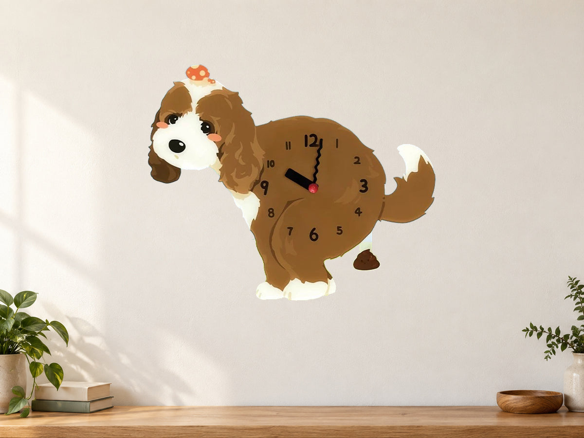 Dark Cockapoo Wall Clock with Swinging Poop Pendulum in a supplementary room styling scene
