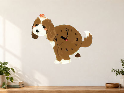 Dark Cockapoo Wall Clock with Swinging Poop Pendulum in a supplementary room styling scene