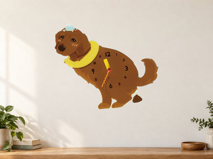 Dark Golden Retriever Wall Clock with Swinging Poop Pendulum in a supplementary room styling scene