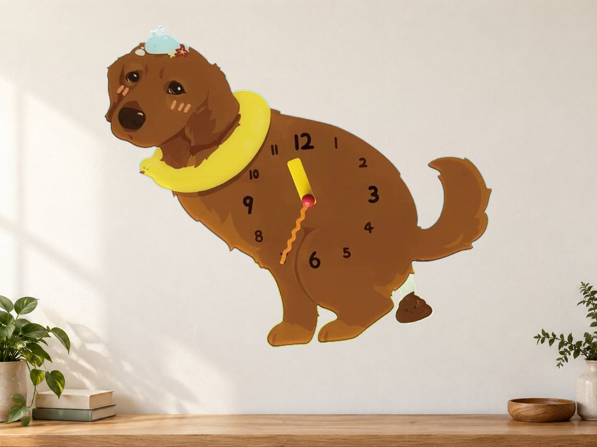 Dark Golden Retriever Wall Clock with Swinging Poop Pendulum in a supplementary room styling scene